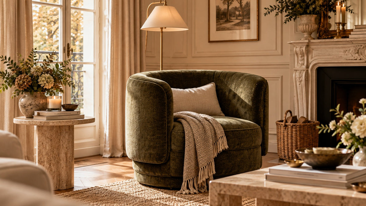 Olive green curved velvet armchair in a Parisian living room with cream wall panelling, brass lamp and fireplace.