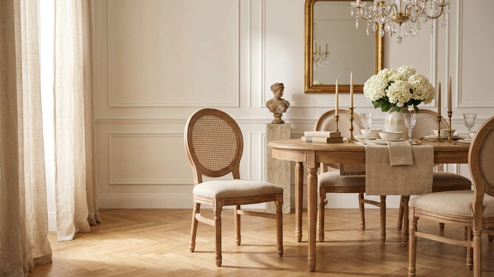 Camille Louis dining chair with rattan back styled beside a round dining table in a timeless Parisian-inspired dining room.