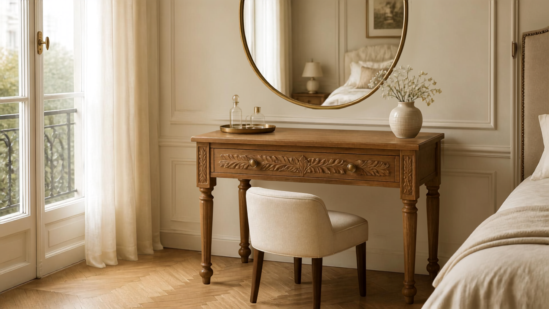 Wooden dressing table with mirror and upholstered stool in an elegant neutral Parisian-inspired bedroom