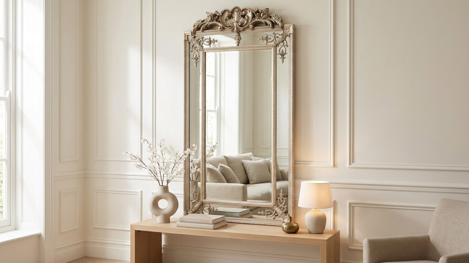 Valère ornate champagne gilded wall mirror styled above a light wood console with books, ceramic vase and table lamp in an elegant Parisian-inspired living room.