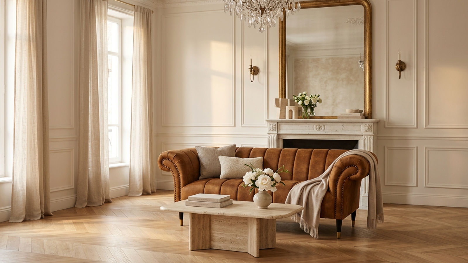 Parisian-inspired living room with a velvet sofa, marble fireplace, elegant wall mouldings and timeless neutral décor.