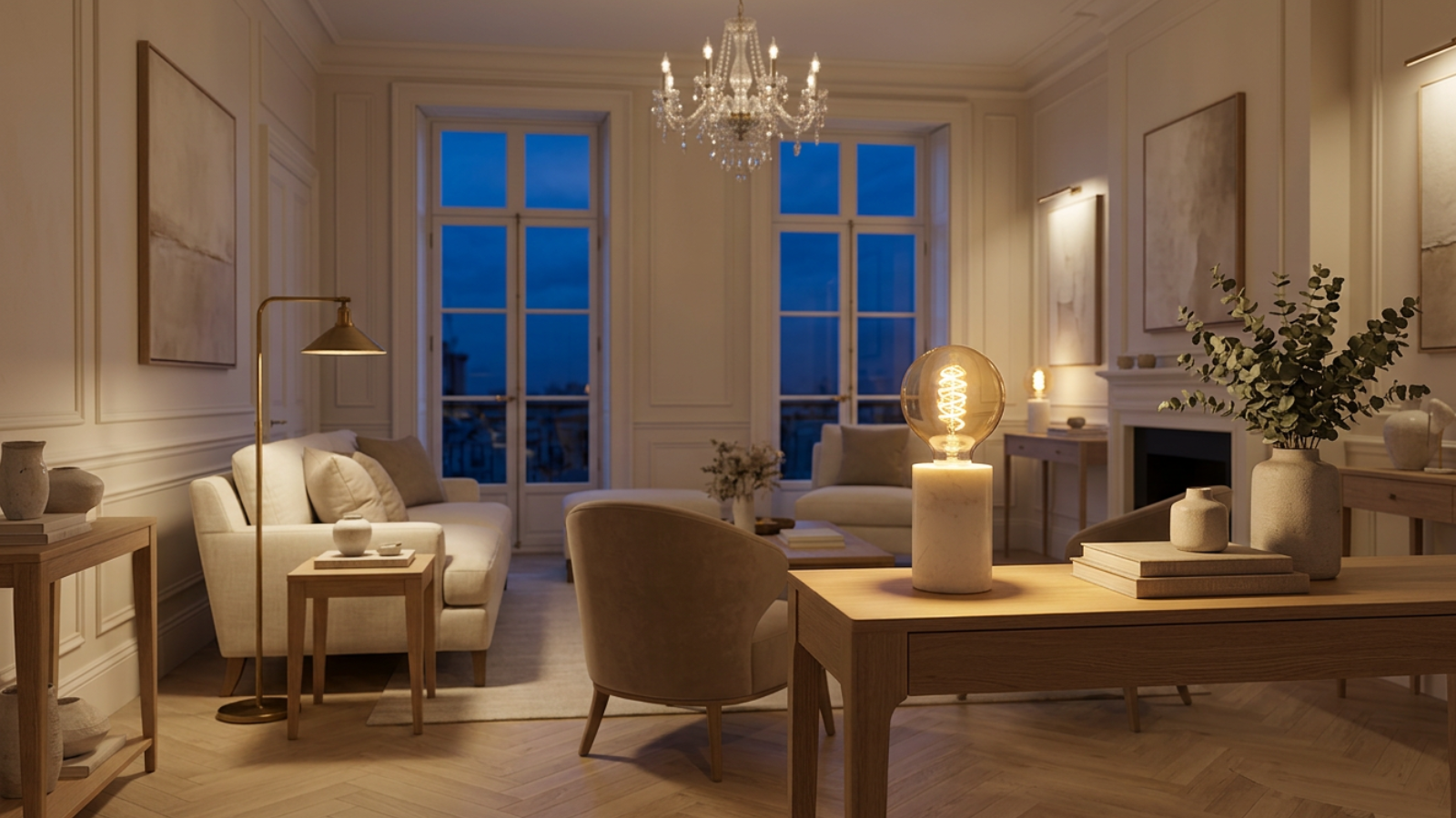 Warm layered living room lighting with a marble table lamp, floor lamp, chandelier and picture lights in an elegant Parisian-inspired interior at dusk.