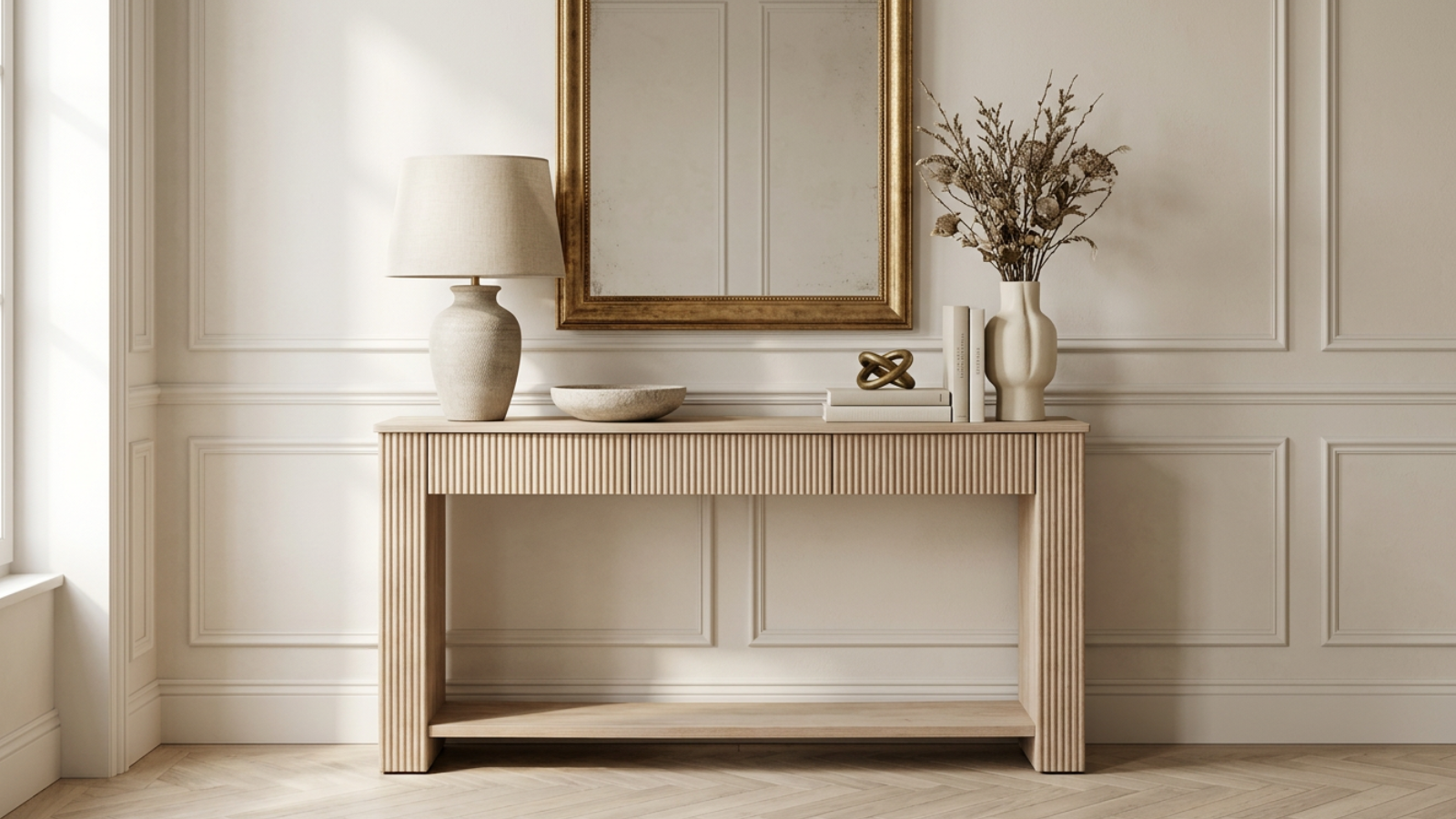 Camille fluted wood console table styled with a large gold wall mirror, ceramic table lamp, decorative bowl, books and vase in an elegant Parisian-inspired interior.