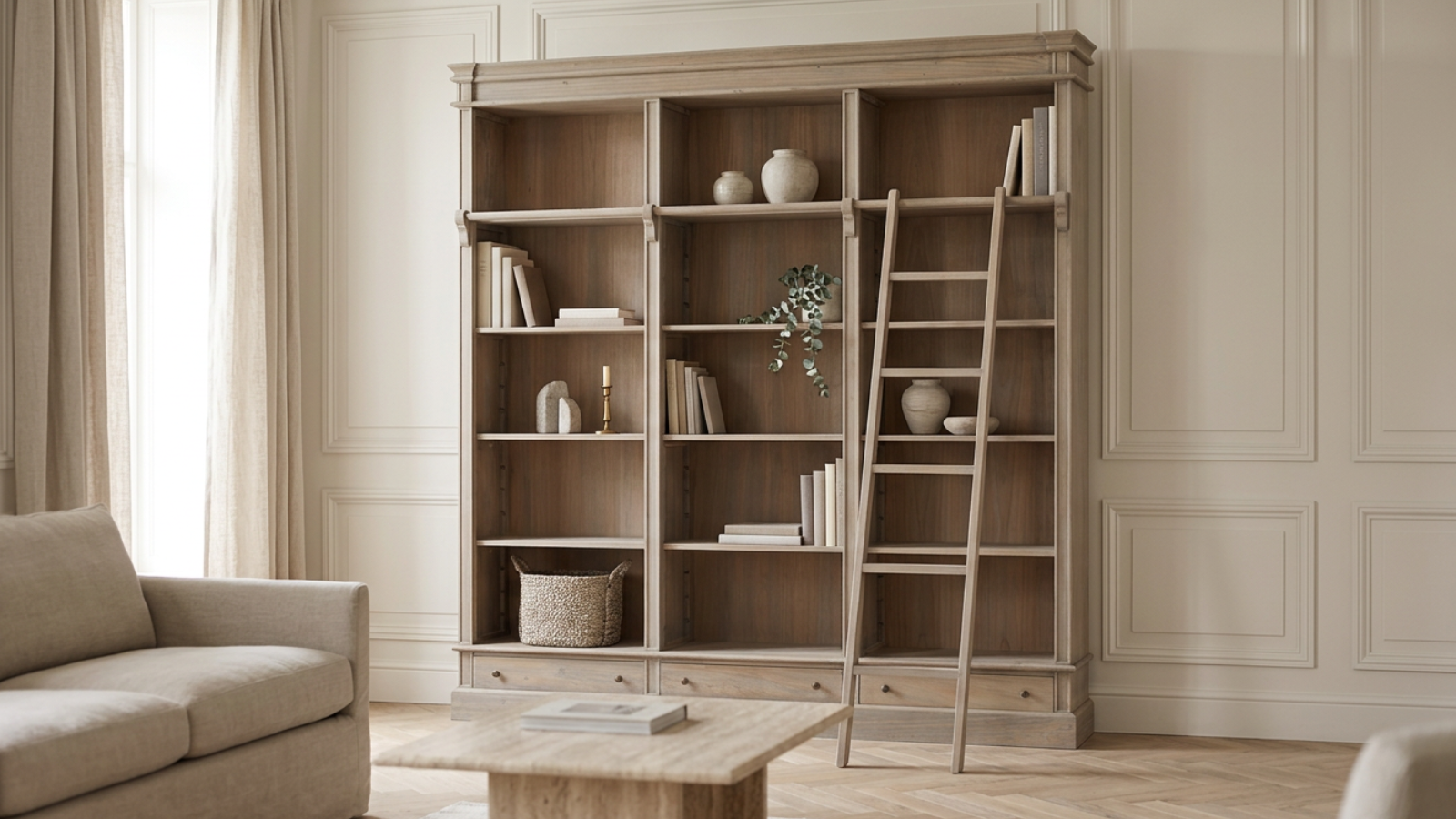 Large white cedar library bookcase with ladder styled using books, ceramic vases, decorative accessories and open shelving in a Parisian-inspired living room without visual clutter.