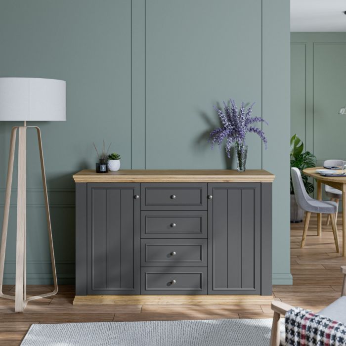 Montclair Large 2 Door 4 Drawer Sideboard – Grey & Oak Effect
