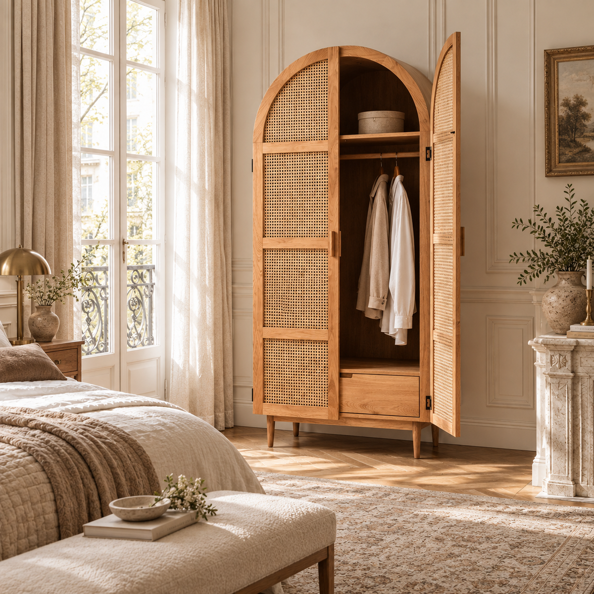 Amaury 200cm Arched Oak Wood and Woven Rattan 2 Door Wardrobe with Drawers