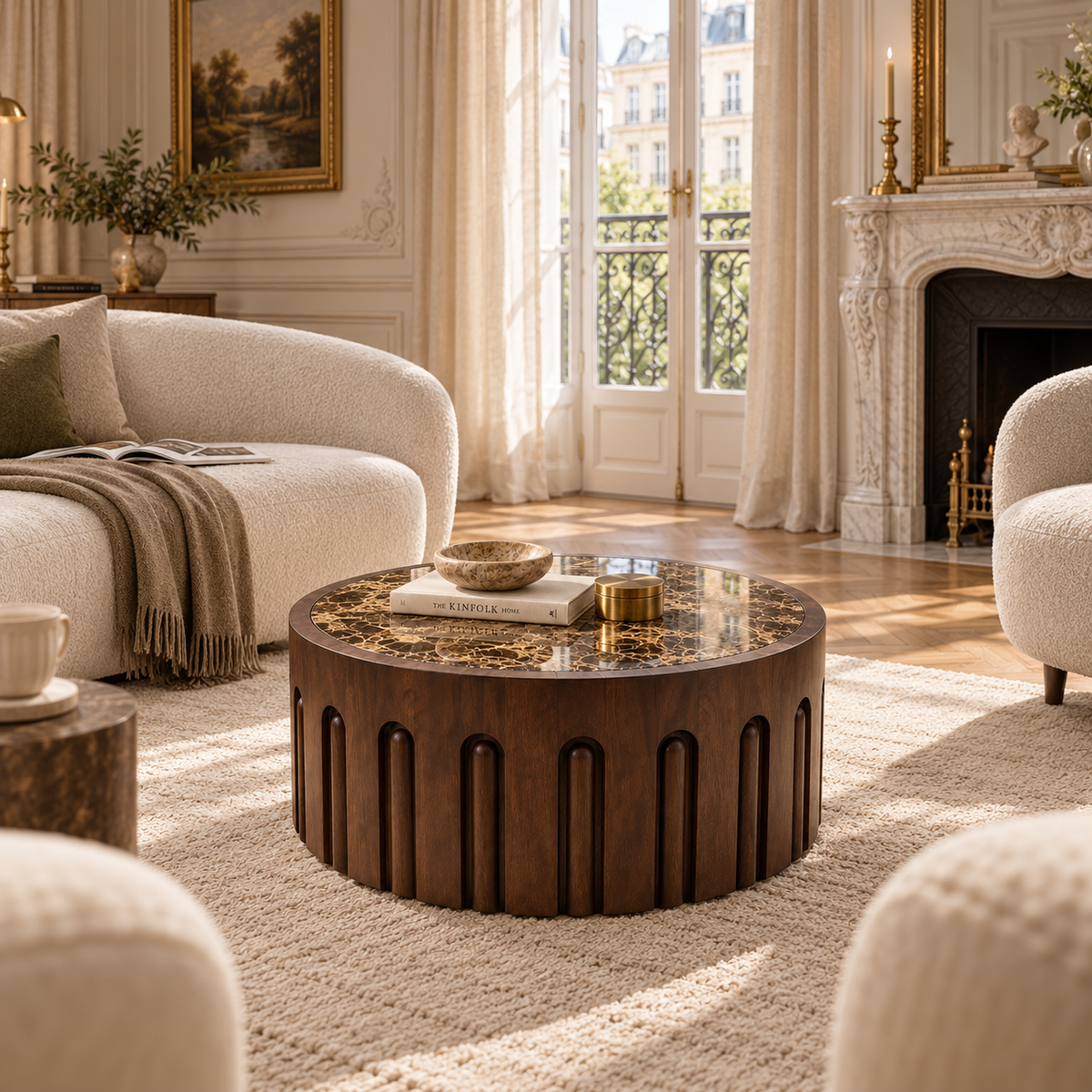 Marceau 70cm Round Dark Emperador Marble and Dark Mango Wood Carved Coffee Table