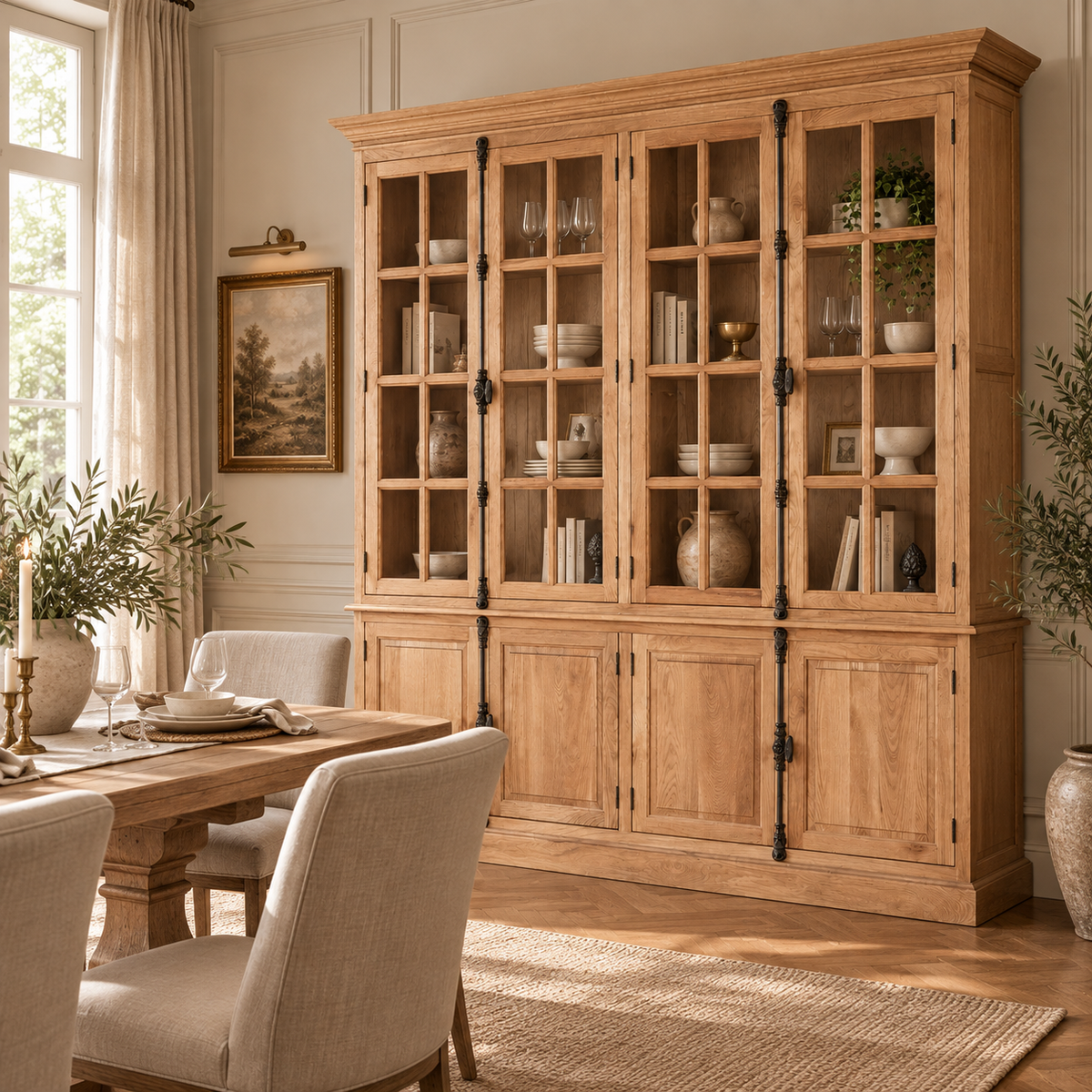 Alaric Large 220cm Natural Oak Wood 8 Door Display and Storage Cabinet with Glass Doors