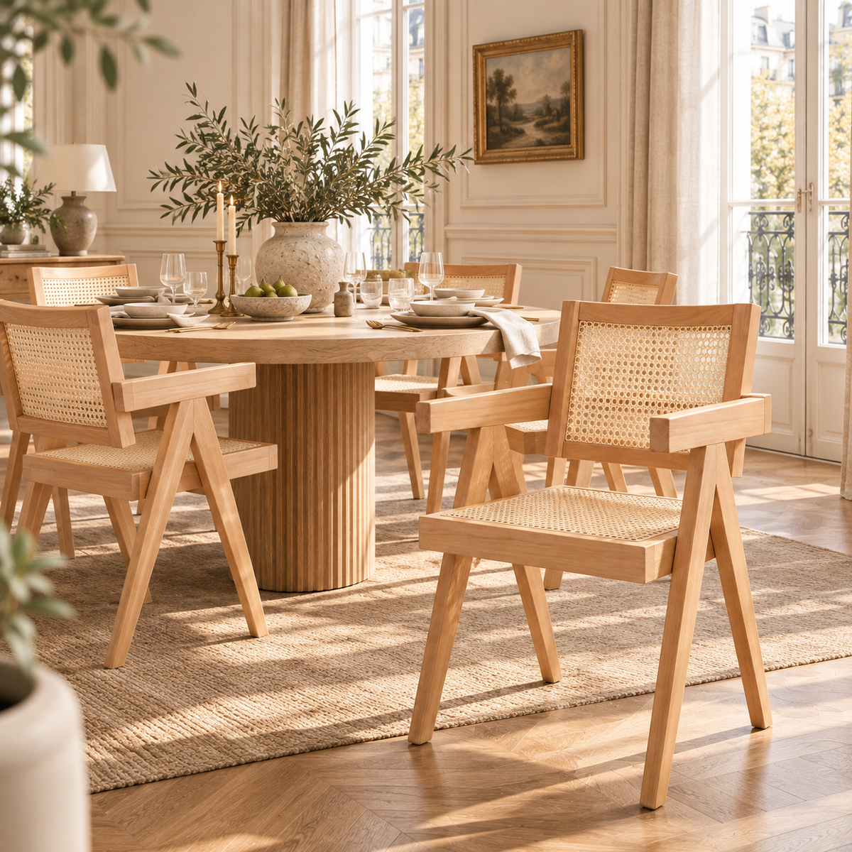 Clément Natural Beech Wood Dining Armchair with Woven Cane Seat and Back