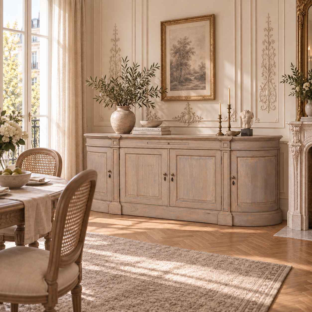 Camille French Style Large Sideboard Buffet Cabinet in White Cedar Wood – Rustic Aged Finish