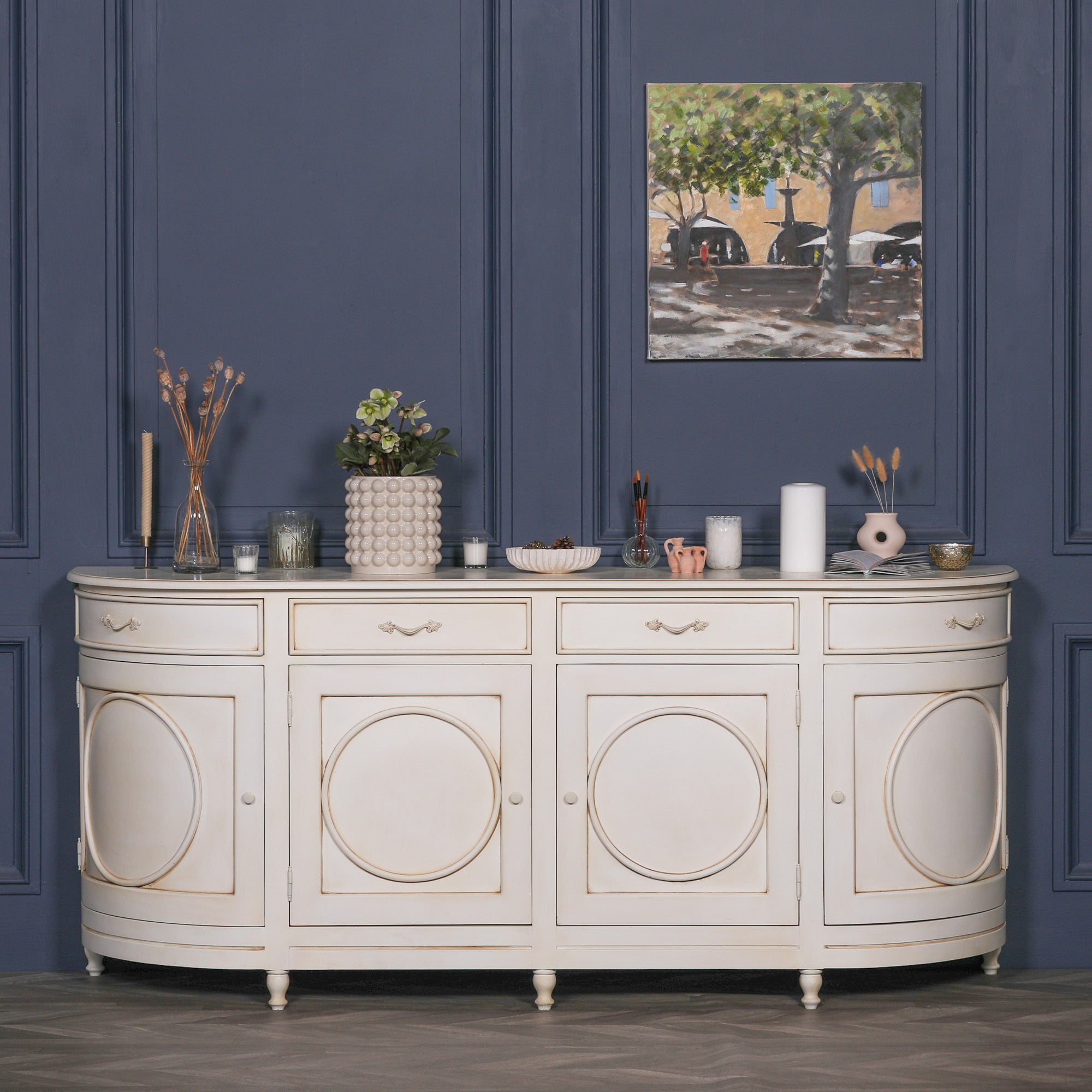 Geneviève Large Aged Ivory Sideboard with 4 Doors, 4 Drawers & Ornate Detailing