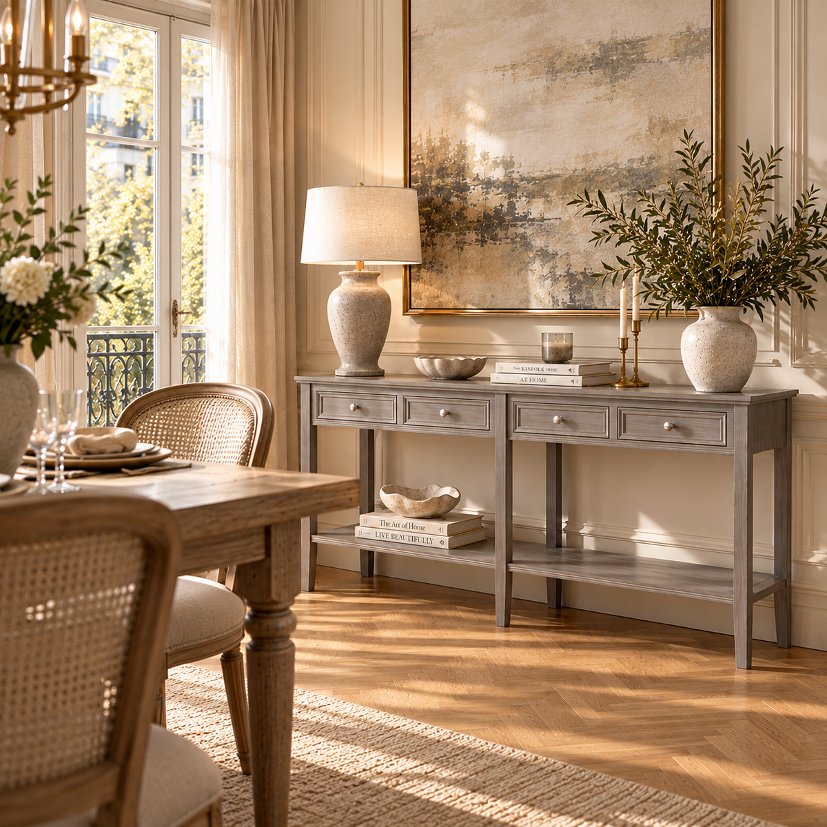 Camille Grey Wooden Console Table with Four Drawers