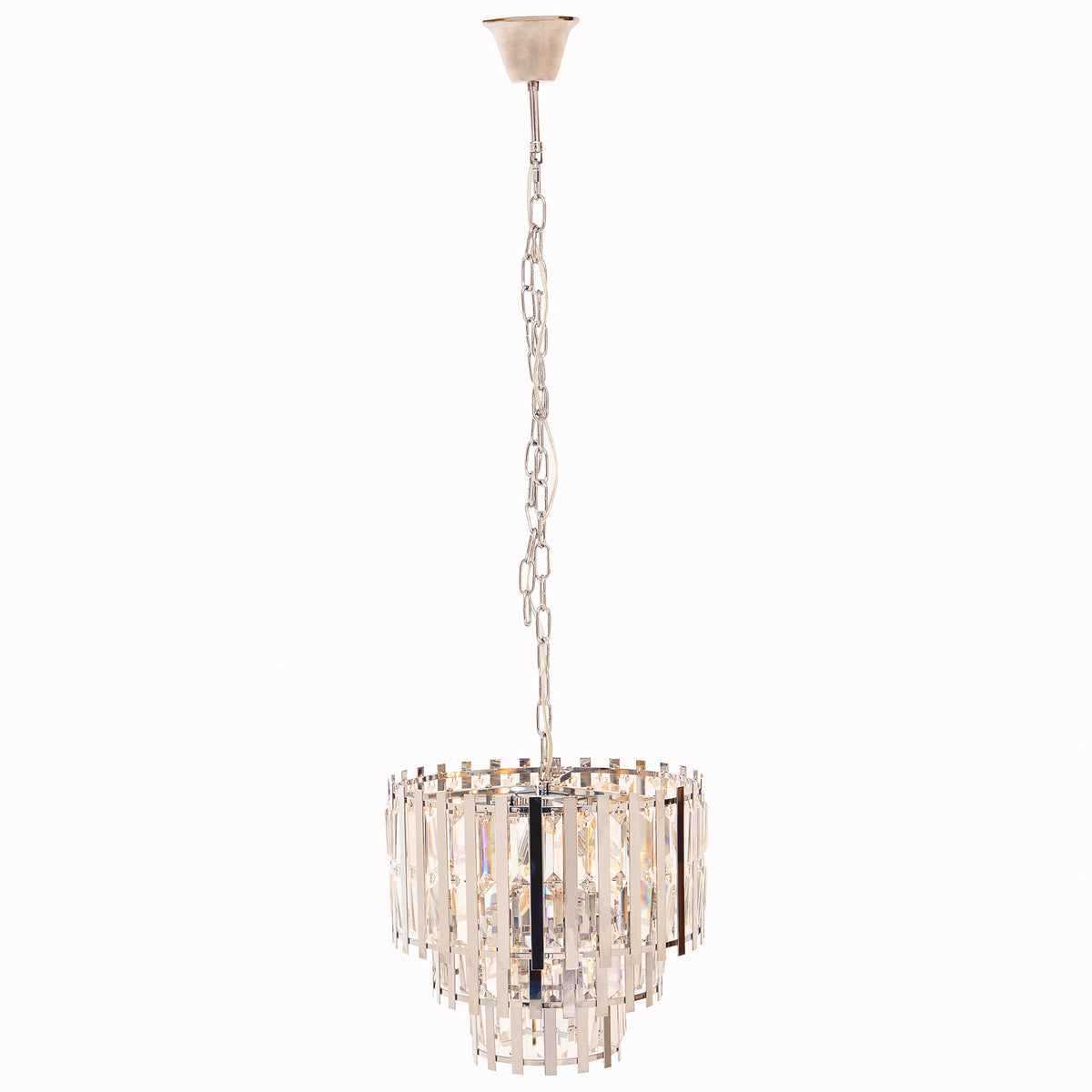 Full-length view of the Adrien Chrome Crystal 8 Light Chandelier with adjustable chrome suspension chain, sparkling crystal glass panels and tiered contemporary design for elegant dining room and hallway lighting.