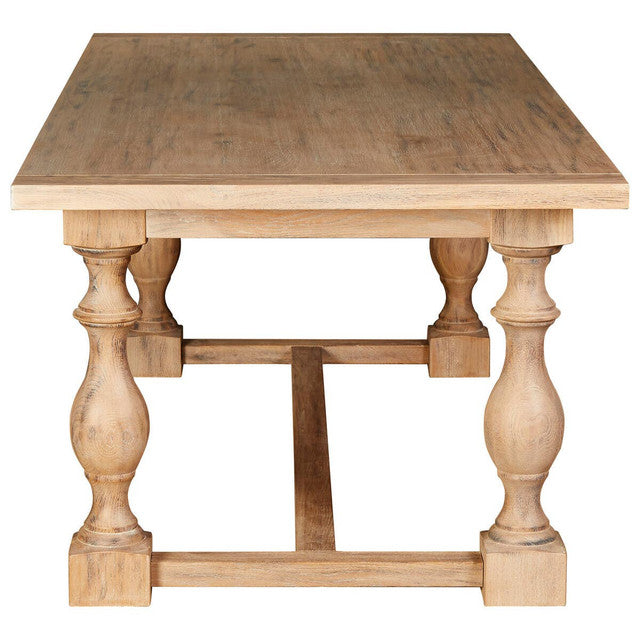 End view of the Alaric Large Rectangular Dining Table 220cm for 8–10 showcasing the thick Washed Oak Wood tabletop, sculptural turned baluster legs, solid trestle stretcher base and handcrafted construction for traditional and contemporary dining spaces.