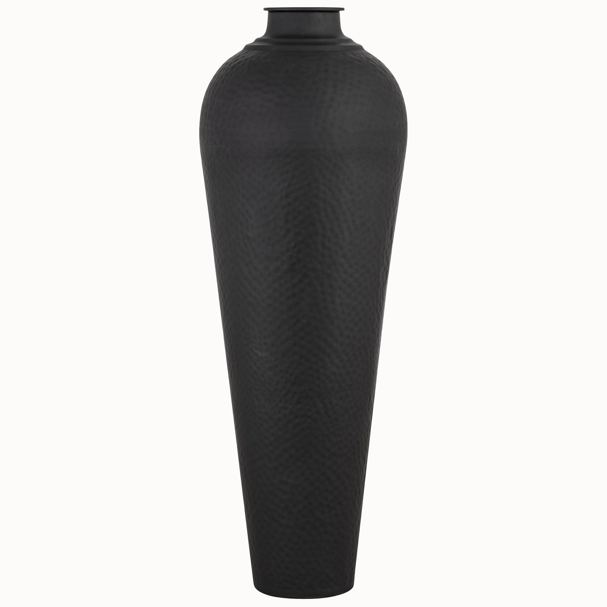 Alix tall hammered black metal floor vase with decorative lid, featuring a textured hammered finish, contemporary sculptural silhouette and matte black metal design, ideal as a statement floor vase for modern living rooms, hallways and entrance spaces.