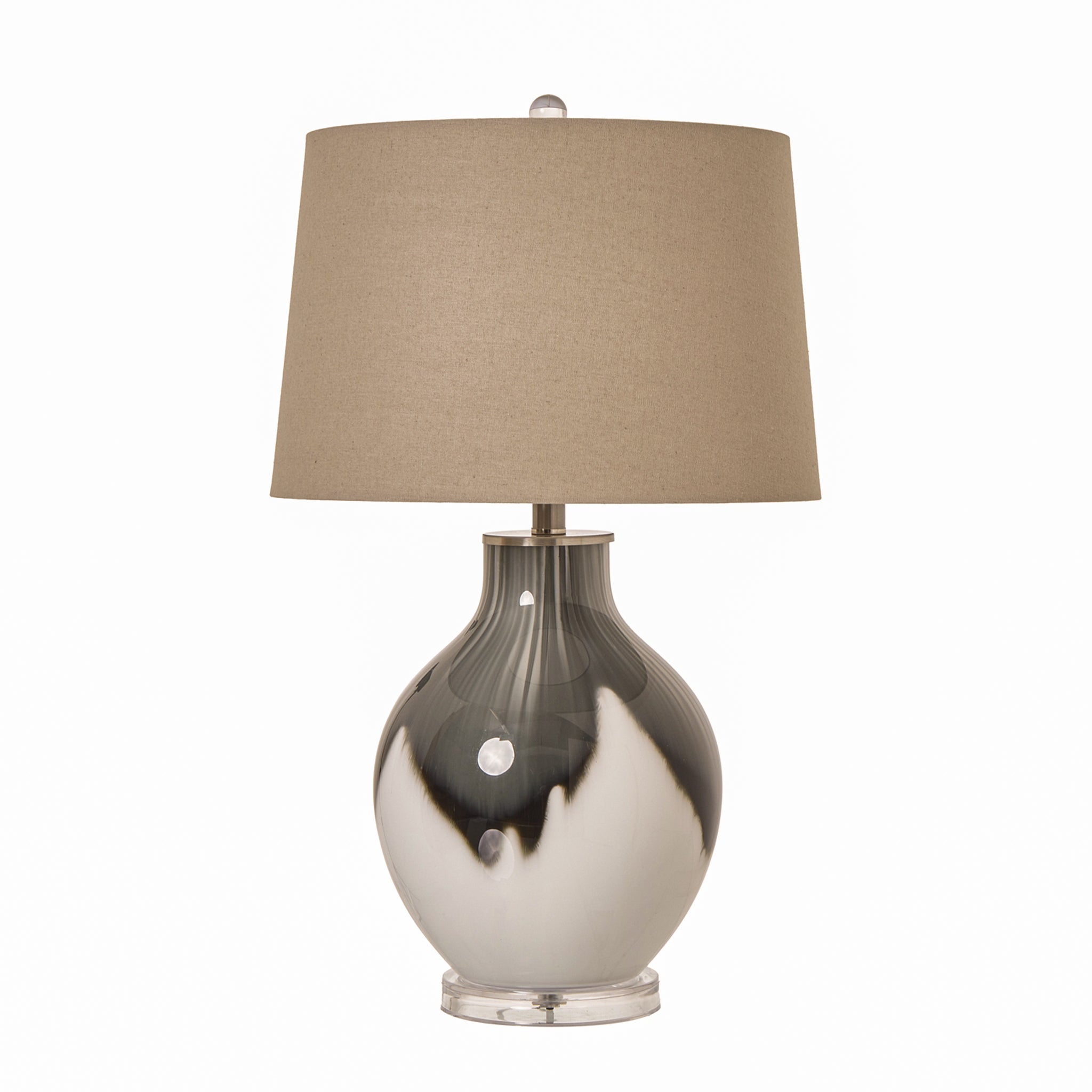 Amélie Grey Glass Table Lamp with natural linen shade featuring a contemporary smoked grey glass base and clear acrylic plinth, elegant table lighting for living rooms, bedrooms and hallway console tables.
