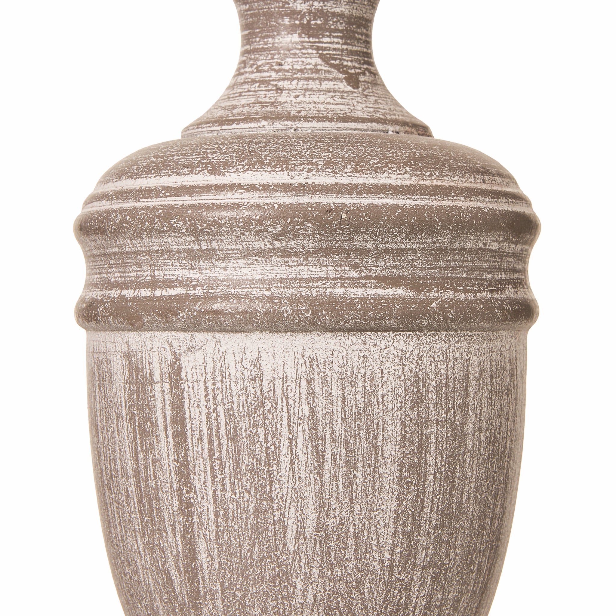 Close-up of the distressed grey wooden urn base on the Amélie Grey Wooden Urn Table Lamp with Linen Shade, showcasing the textured hand-finished wood effect and classic traditional craftsmanship.
