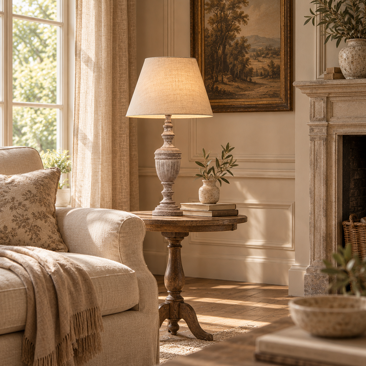 Amélie grey wooden urn table lamp with linen shade on a side table in a sunlit living room with sofa and stone fireplace.