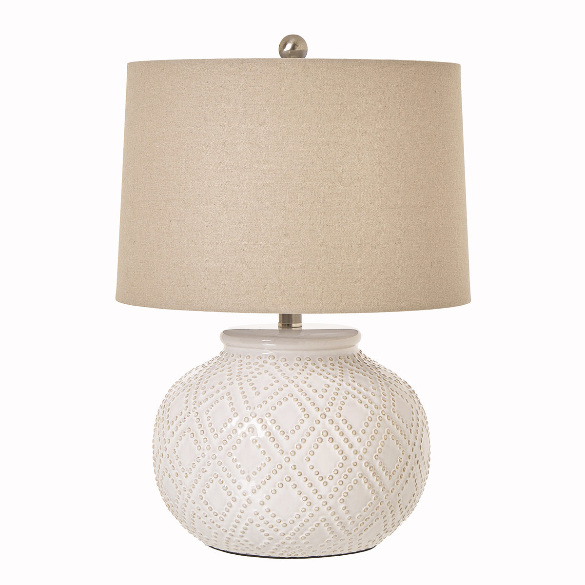Amélie White Beaded Ceramic Table Lamp with Linen Shade featuring a textured white ceramic base with raised beaded detailing and a natural linen drum shade, ideal for bedside tables, living rooms and coastal-inspired interiors.