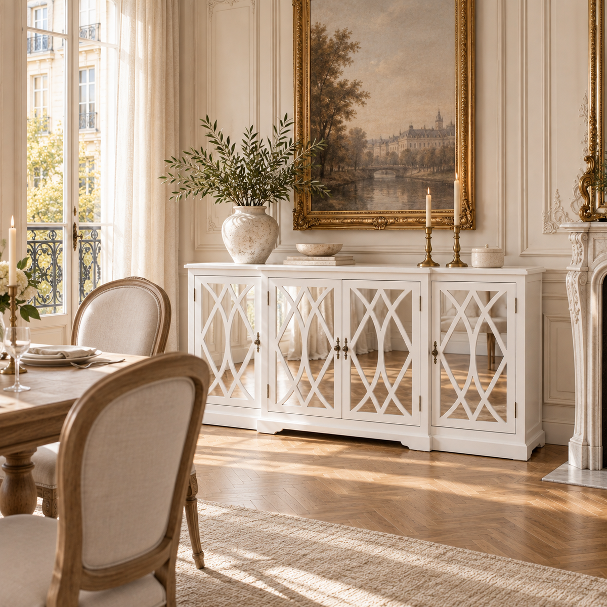 Anaïs white mirrored four door breakfront sideboard in a sunlit room with gold mirror, parquet floor and upholstered chairs.
