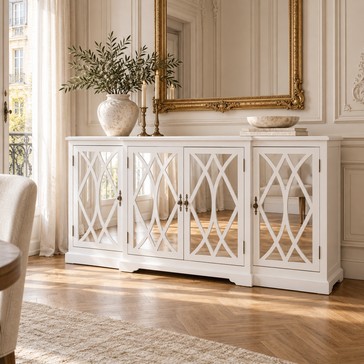 Anaïs white mirrored four door breakfront sideboard in a bright Parisian dining room with mirror, rug and tall windows.