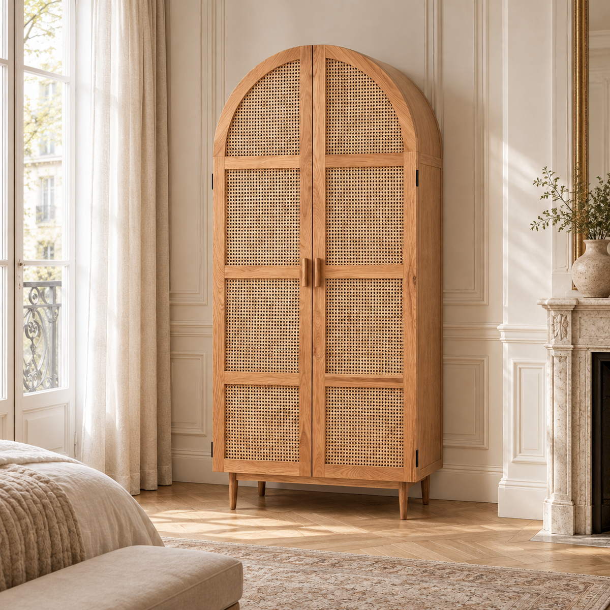 Amaury 200cm Arched Oak Wood and Woven Rattan 2 Door Wardrobe with Drawers