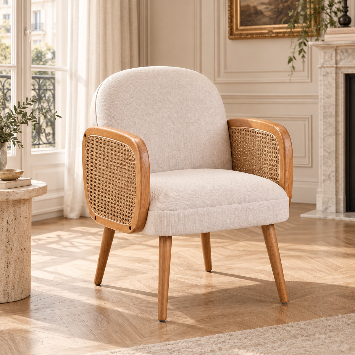 Adèle Ivory Upholstered Accent Armchair with Natural Cane Panels and Elm Wood Frame