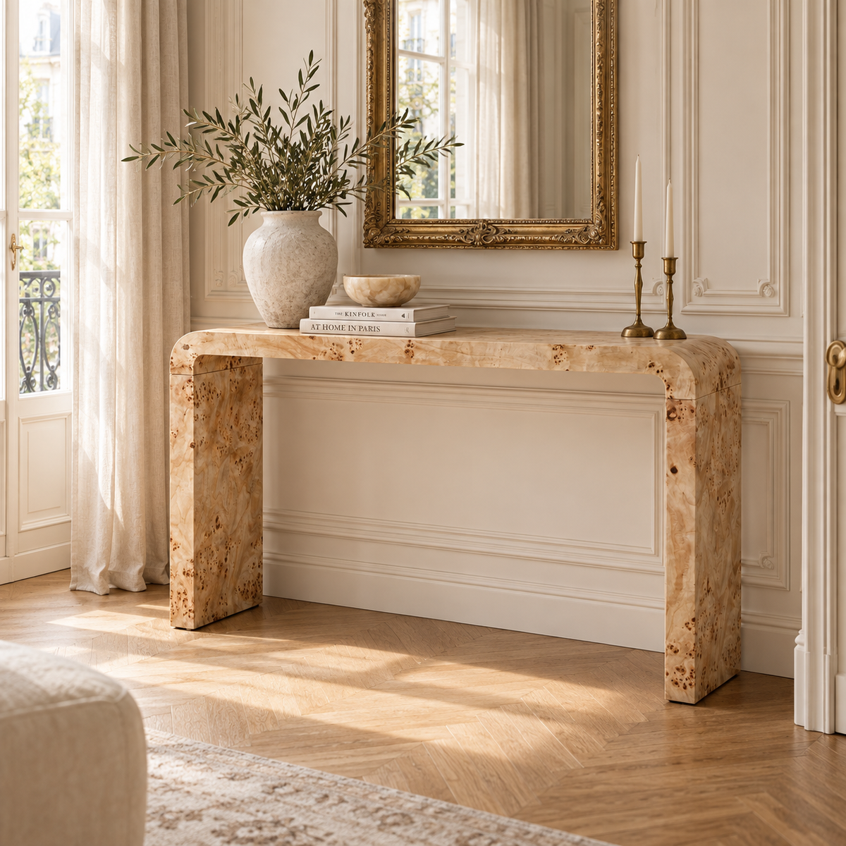 Gaspard 135cm Natural Burl Wood Design Curved Console Table