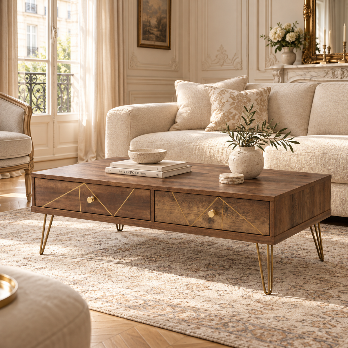 Soline Mid-Century Wooden Coffee Table with Hairpin Legs & Two Drawers