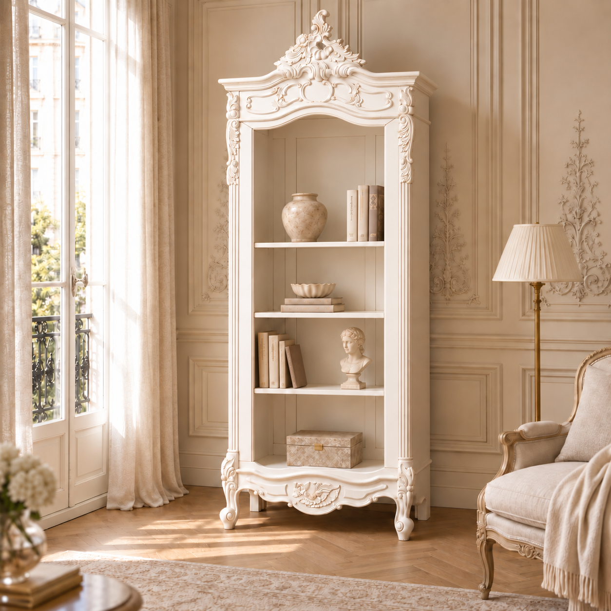 Rosalie Tall French Open Bookcase – Hand-Carved Mahogany Wood in Antique White