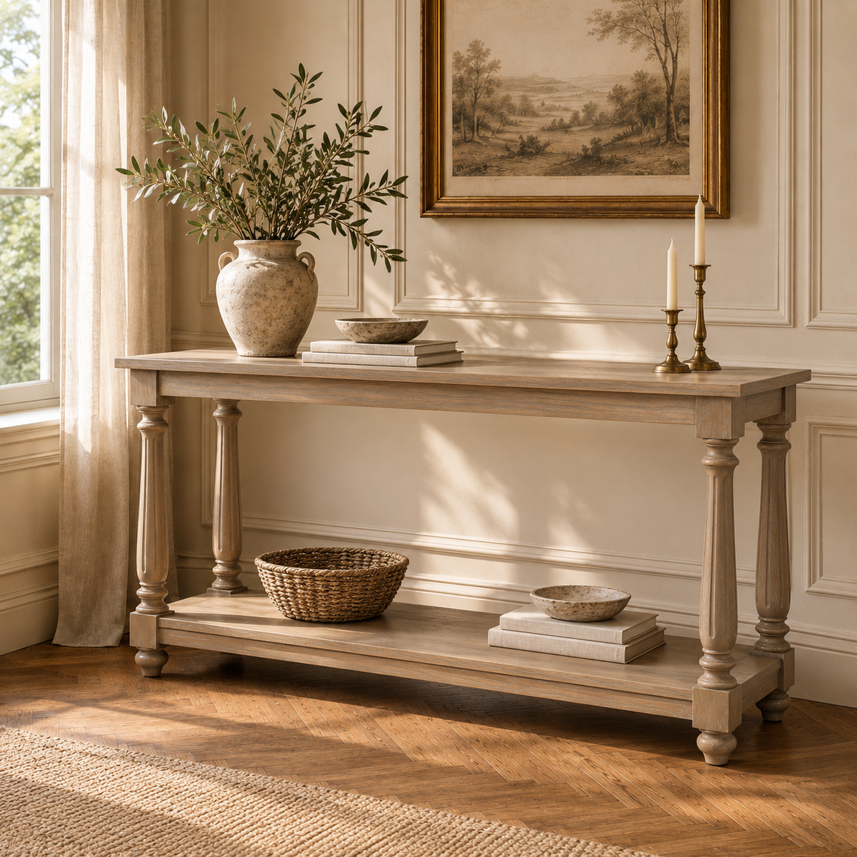 Armand large white cedar wood console table with lower shelf in a sunlit classic room with artwork, window and parquet floor.