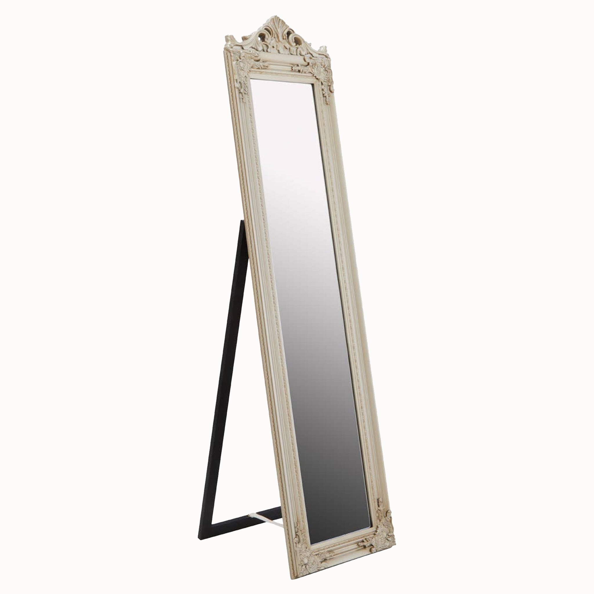 Aurelia champagne gilded full-length floor mirror shown at an angle, with an ornate French-style rectangular frame, decorative crest and freestanding rear support for bedroom or dressing room use.