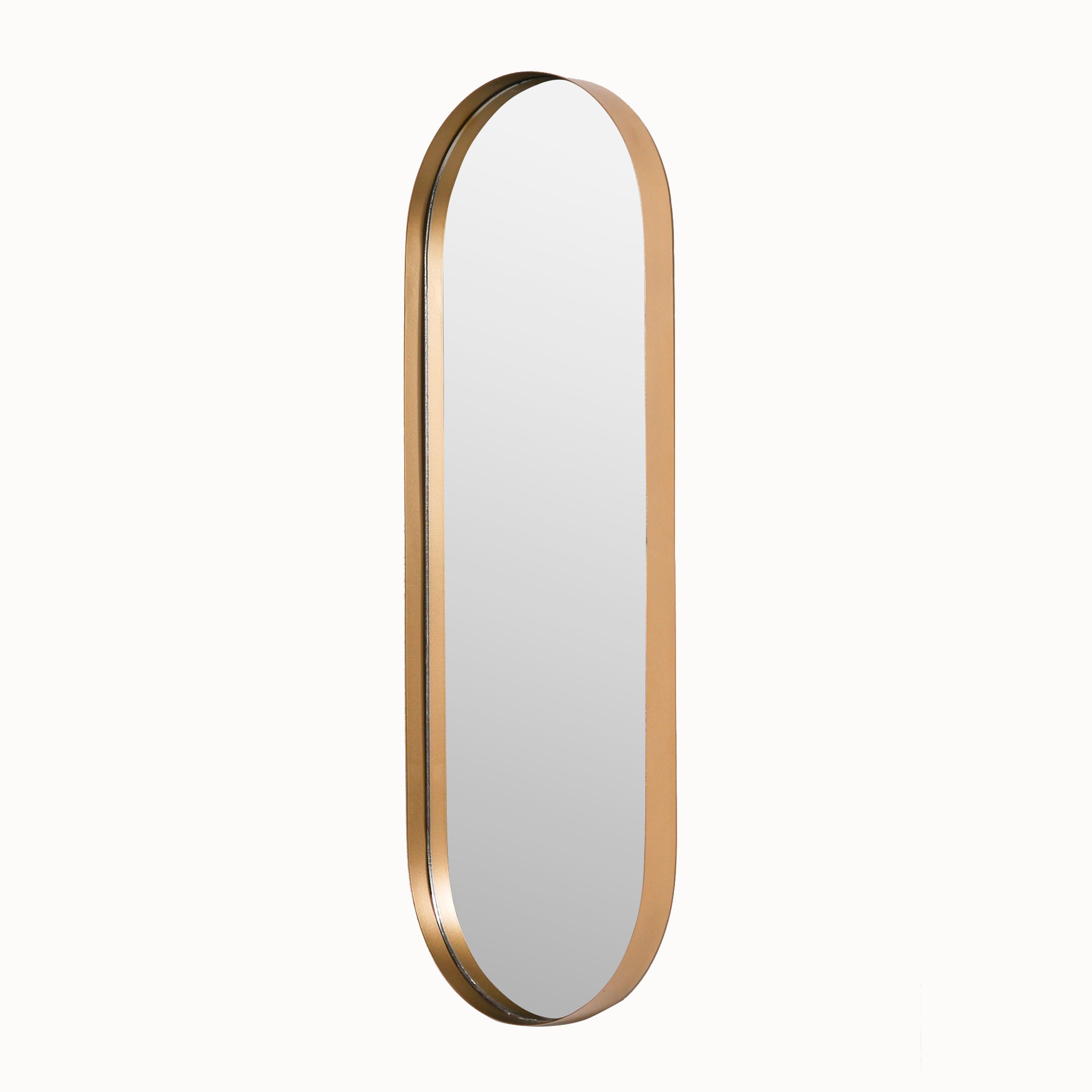Aurelia 75cm gold oval wall mirror on a white background, showcasing its elongated oval shape, slim metallic gold edging and deep-set frame for a sculptural three-dimensional profile.