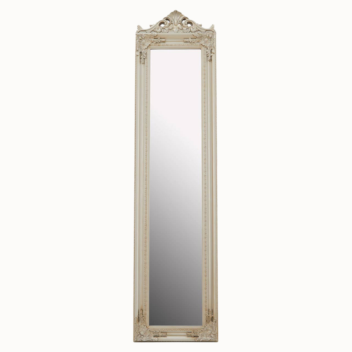 Aurelia rectangular champagne gilded floor mirror shown from the front, featuring a tall full-length mirror, ornate carved-style frame, decorative corner detailing and elaborate French-inspired crest.