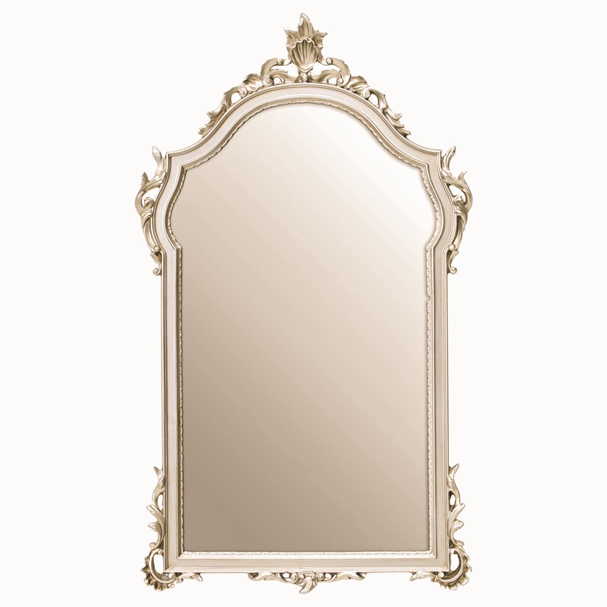 Aurelia wall mirror with an ornate silver frame finish featuring elegant Rococo-inspired scrollwork, decorative crest detailing and a tall arched full-length design, ideal as a luxury hallway, bedroom or dressing room wall mirror.