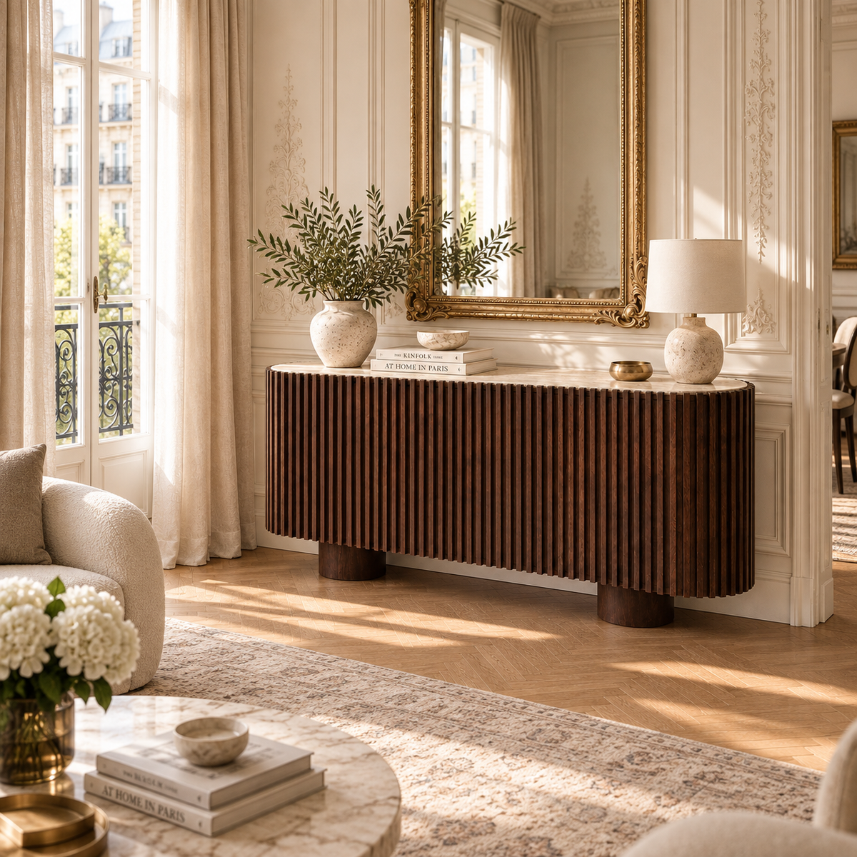 Large mango wood fluted sideboard with travertine top in a Parisian living room with gold mirror, lamp and cream seating.