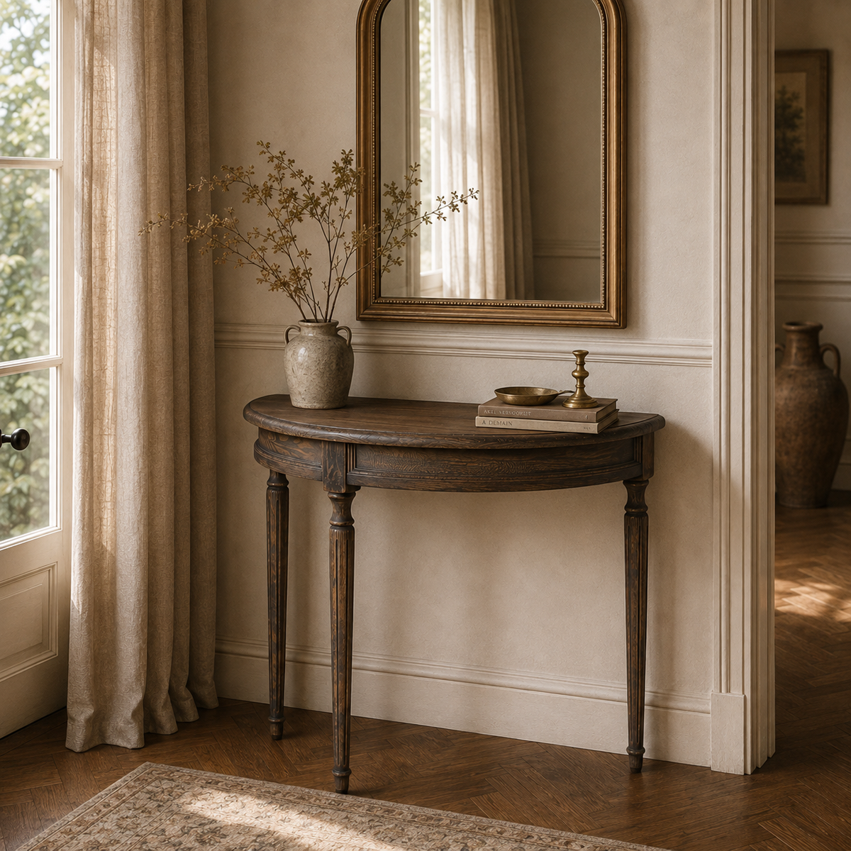 Aveline rustic pine demi-lune console table styled with mirror and vase in a Parisian hallway with linen curtains.