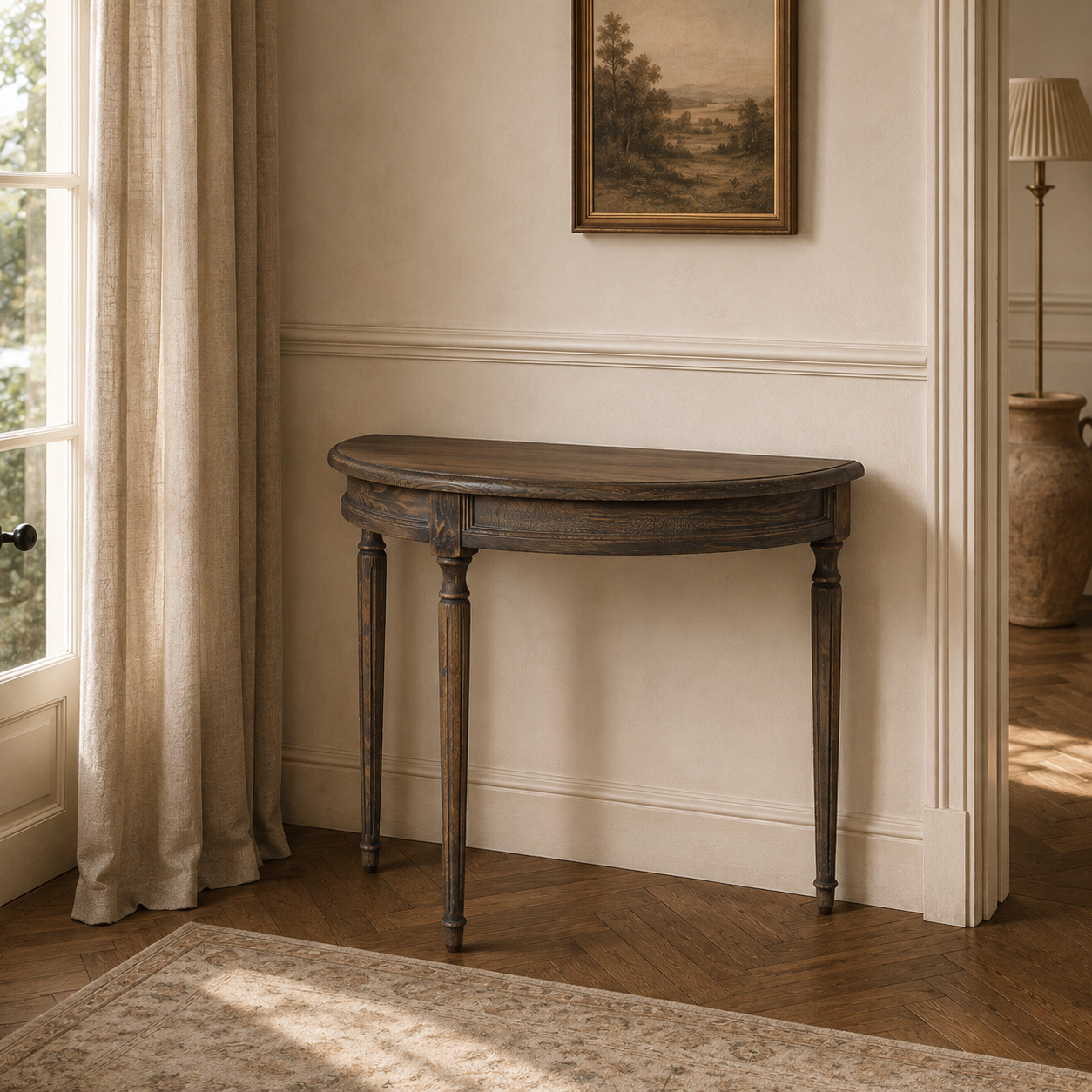 Aveline rustic pine wood demi-lune console table in a Parisian hallway with panelled walls, curtains and framed art.