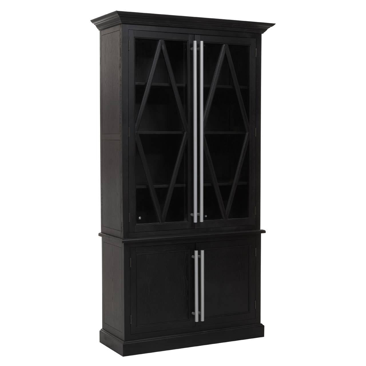 Angled view of the Bastien Four Door Display Cabinet in Black Oak Wood showcasing glazed display doors, generous shelving, concealed lower cupboard storage, black oak wood construction and brushed metal handles.
