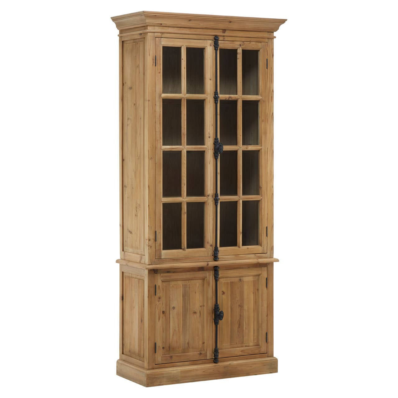 Angled view of the Beaumont Tall Pine Wood Display Cabinet with Glass Doors & Lower Cupboards showcasing solid pine construction, glazed upper display cabinet, traditional black iron hardware and practical lower cupboard storage.