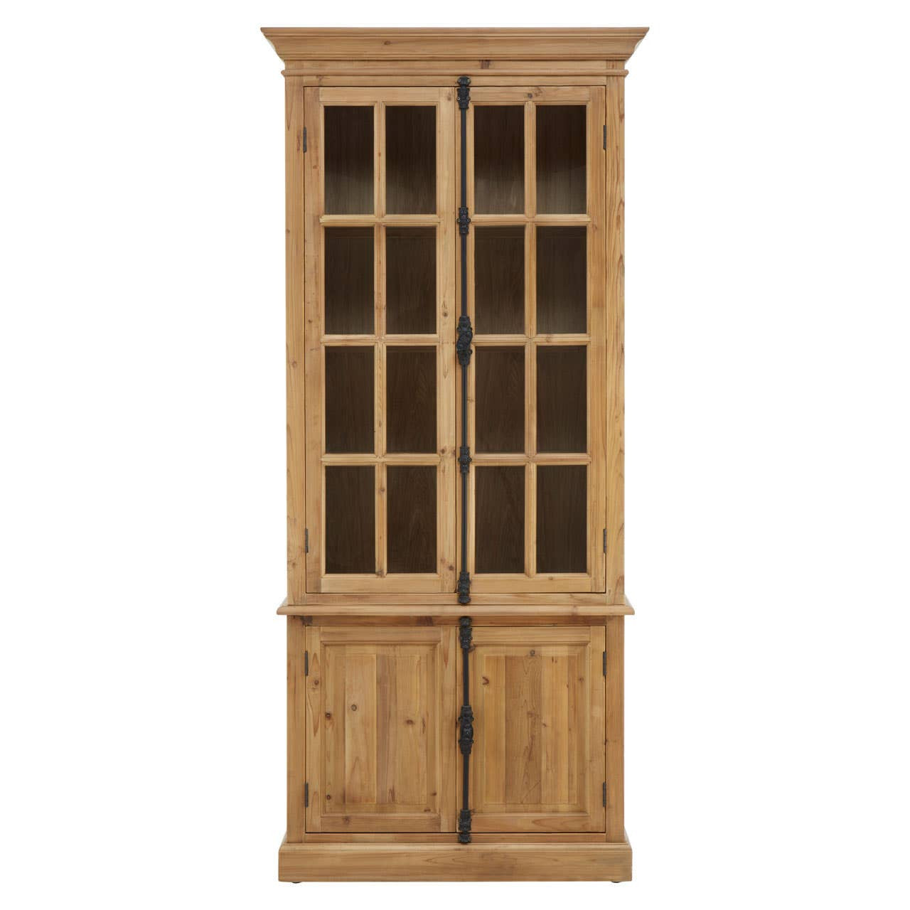 Front view of the Beaumont Tall Pine Wood Display Cabinet with Glass Doors & Lower Cupboards, crafted from solid pine wood with glazed display doors, spacious interior shelving and enclosed lower cupboard storage for living and dining rooms.