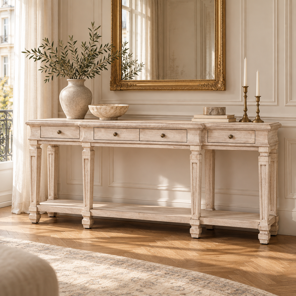 Camille acacia wood 4 drawer breakfront console table with lower shelf in a sunlit Parisian room with mirror and rug.