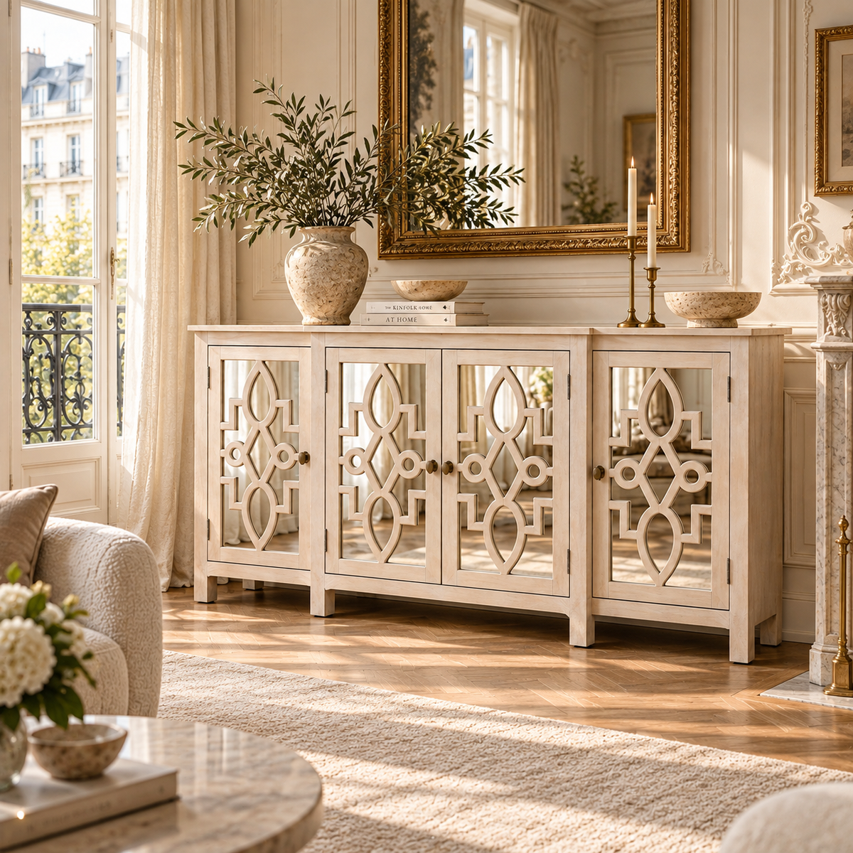 Camille bleached mango wood mirrored sideboard with four doors in a bright French-style living room with gold mirror