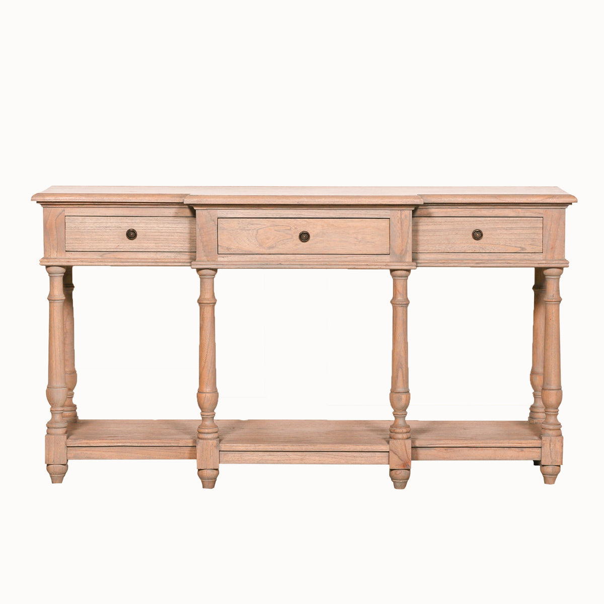 Front view of the Camille Breakfront white cedar wood console table with three drawers, six turned legs and a full-width lower shelf, showcasing the rustic white cedar finish on a white background.