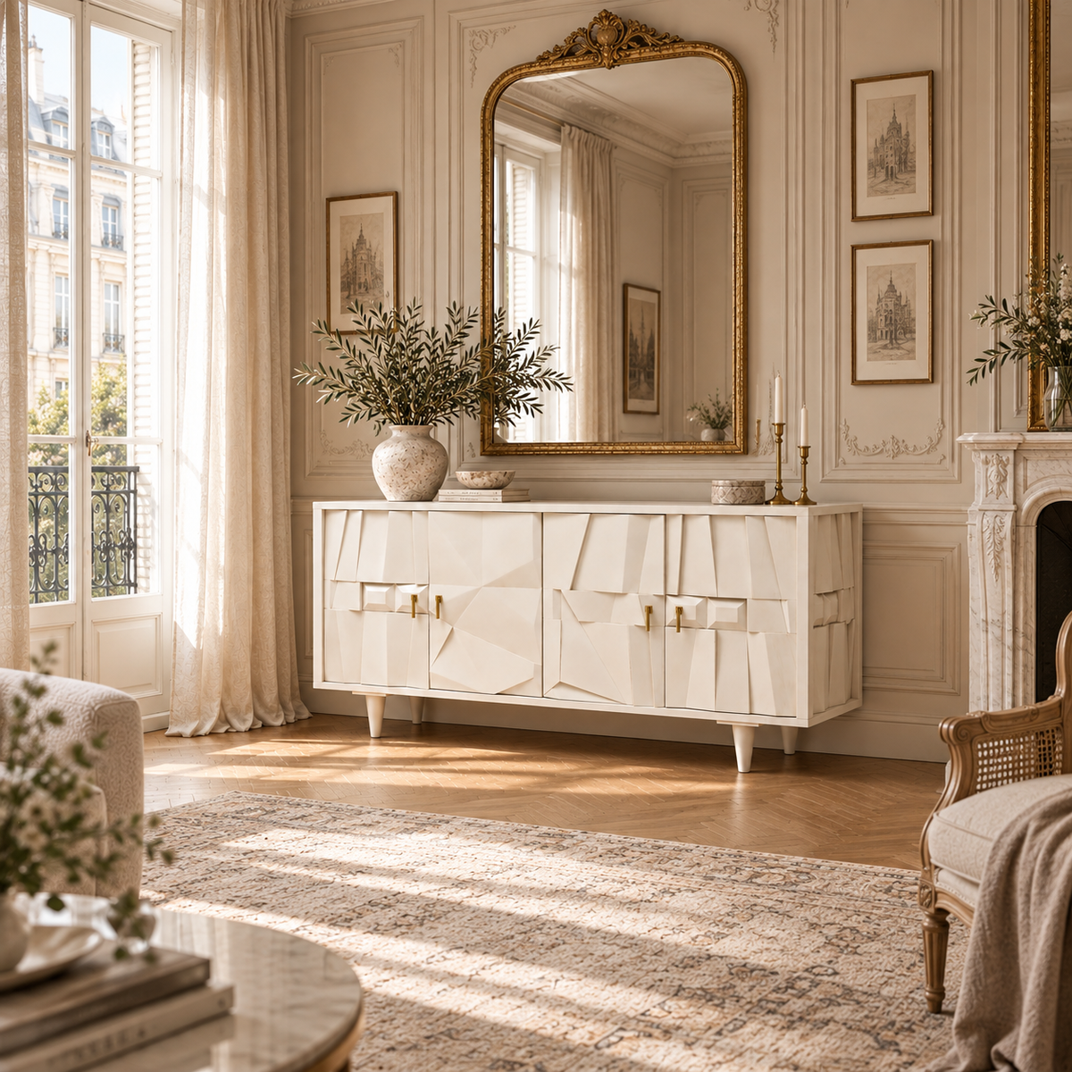 Camille four door mango wood sideboard in a Parisian living room with gold mirror, fireplace, rug and wood floor