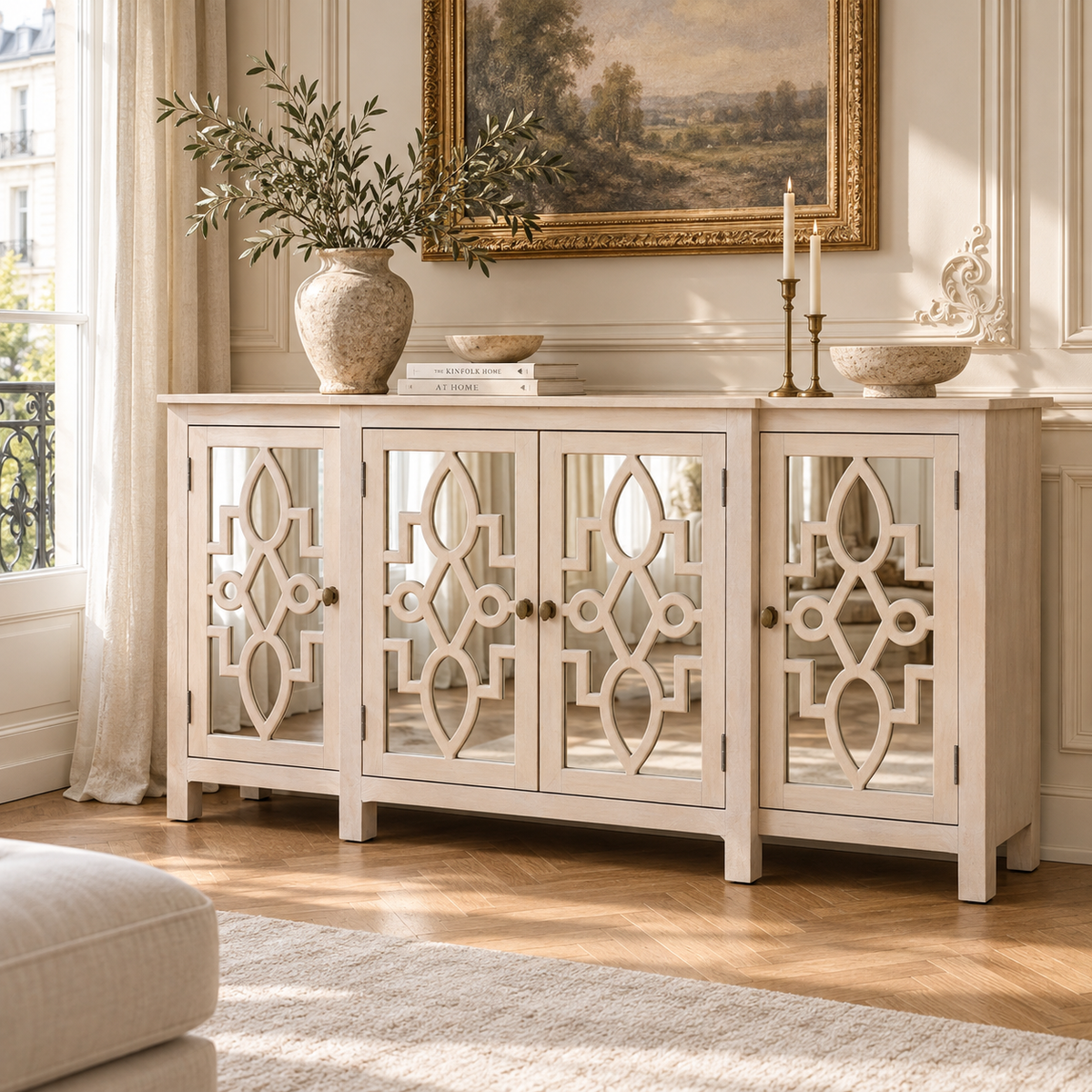 Camille four door mirrored sideboard in bleached mango wood, styled with greenery in an elegant sunlit living room