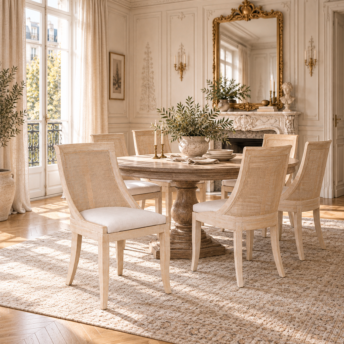 Camille French cane back dining chairs with beige linen seats, styled around a round table in an elegant Parisian dining room.