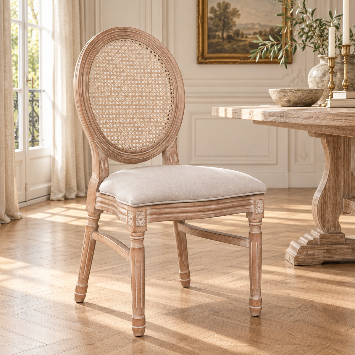 Camille French Louis linen dining chair with cane back in a sunlit dining room with wood table and parquet floor.