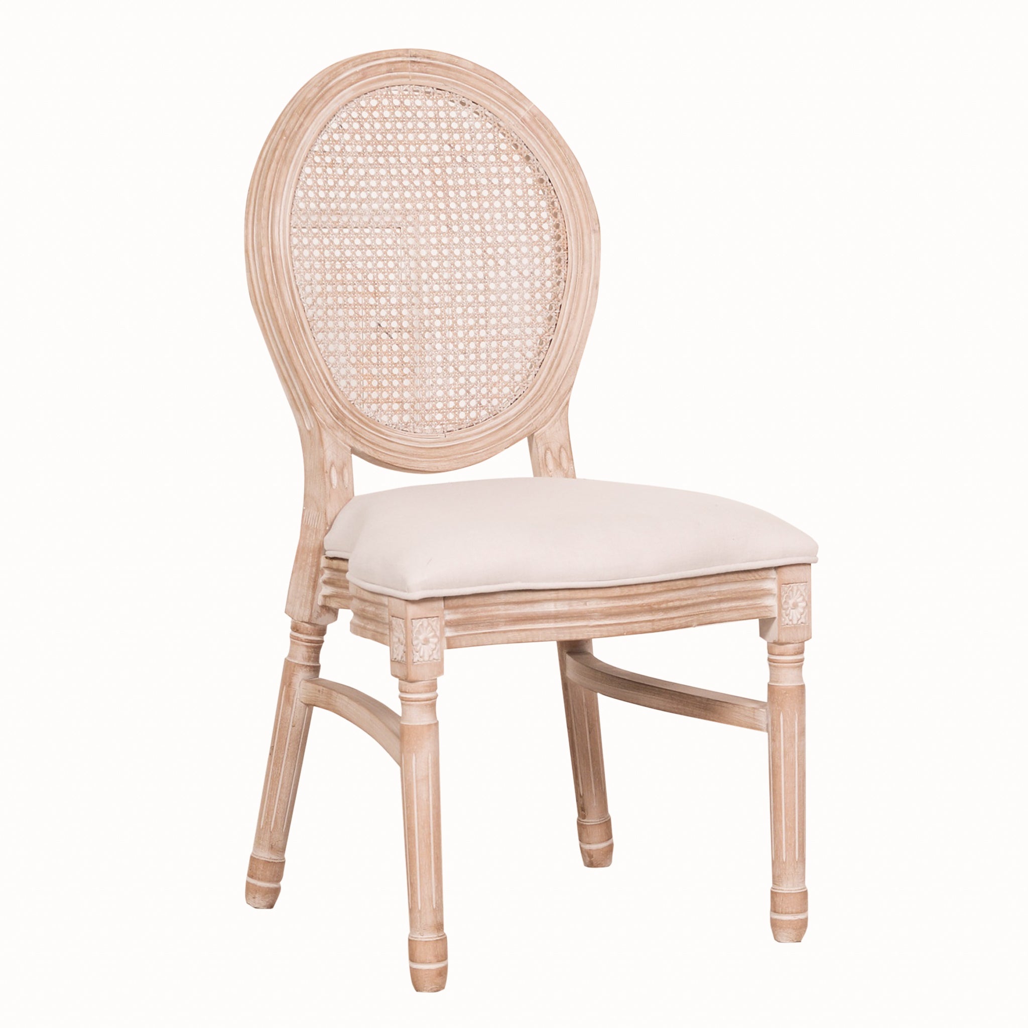 Camille French Louis Linen Upholstered Dining Chair with Light Washed Wood Frame on a white background showcasing the woven cane backrest, linen upholstered seat, carved detailing and elegant French Louis silhouette.