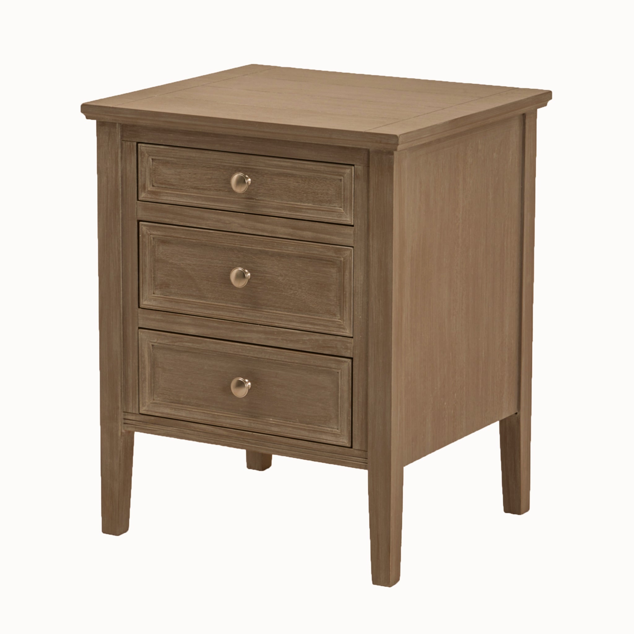 Front angled view of the Camille grey wooden bedside table with three spacious drawers, painted wooden finish, brushed metal drawer knobs and timeless bedroom furniture design, ideal as a bedside cabinet or nightstand.